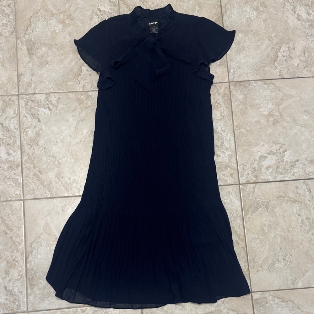 DKNY Navy Bow-Neck Pleated Midi Dress